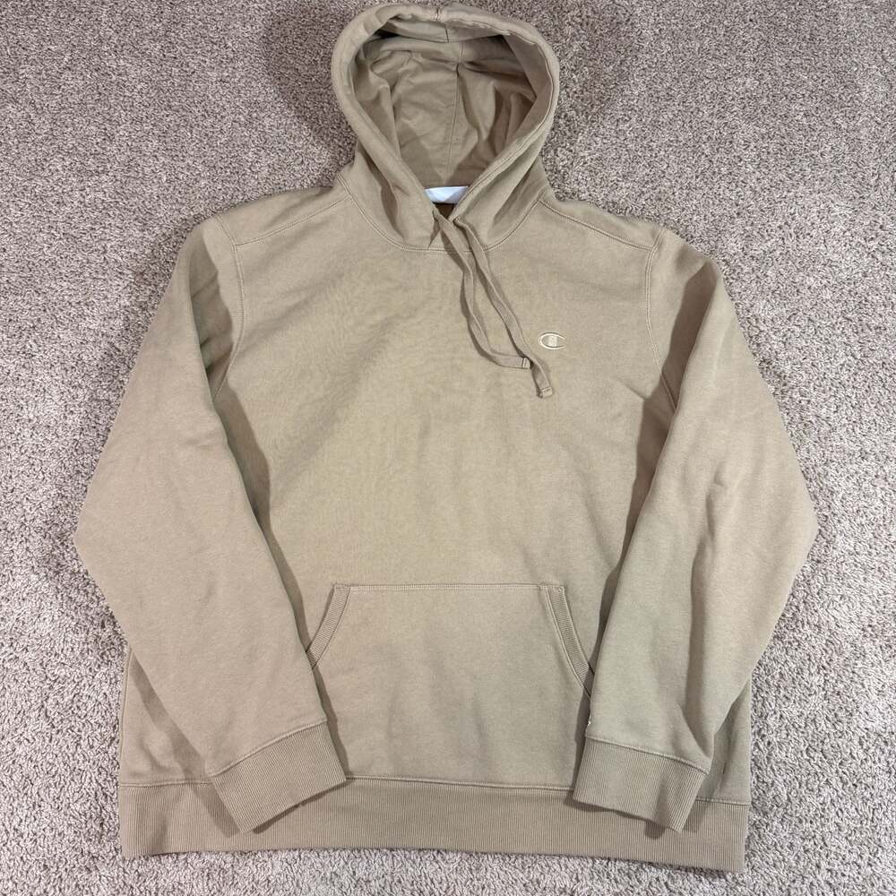 Champion Mens XXL Beige Hoodie Fleece Pullover Sweatshirt Khaki Logo